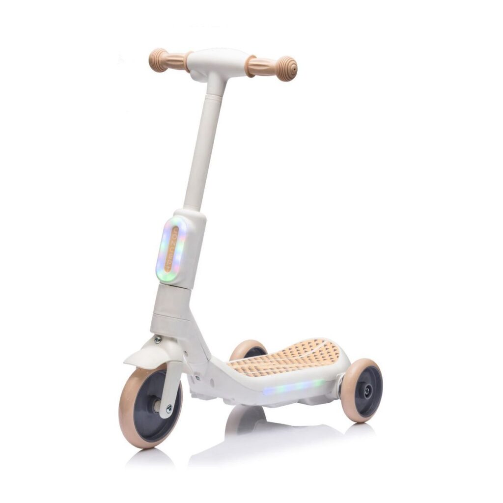 monopattino bambini 3 ruote con luci LED beige e casco con set di protezioni