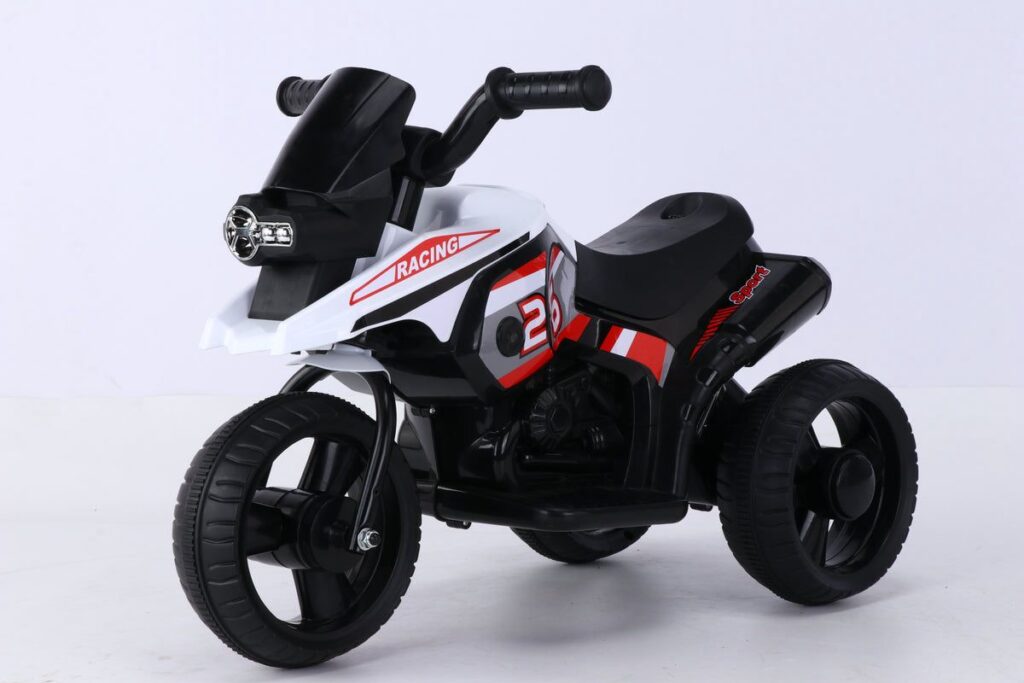 moto elettrica 6V per bambini racing bianca e nera con luci LED e suoni