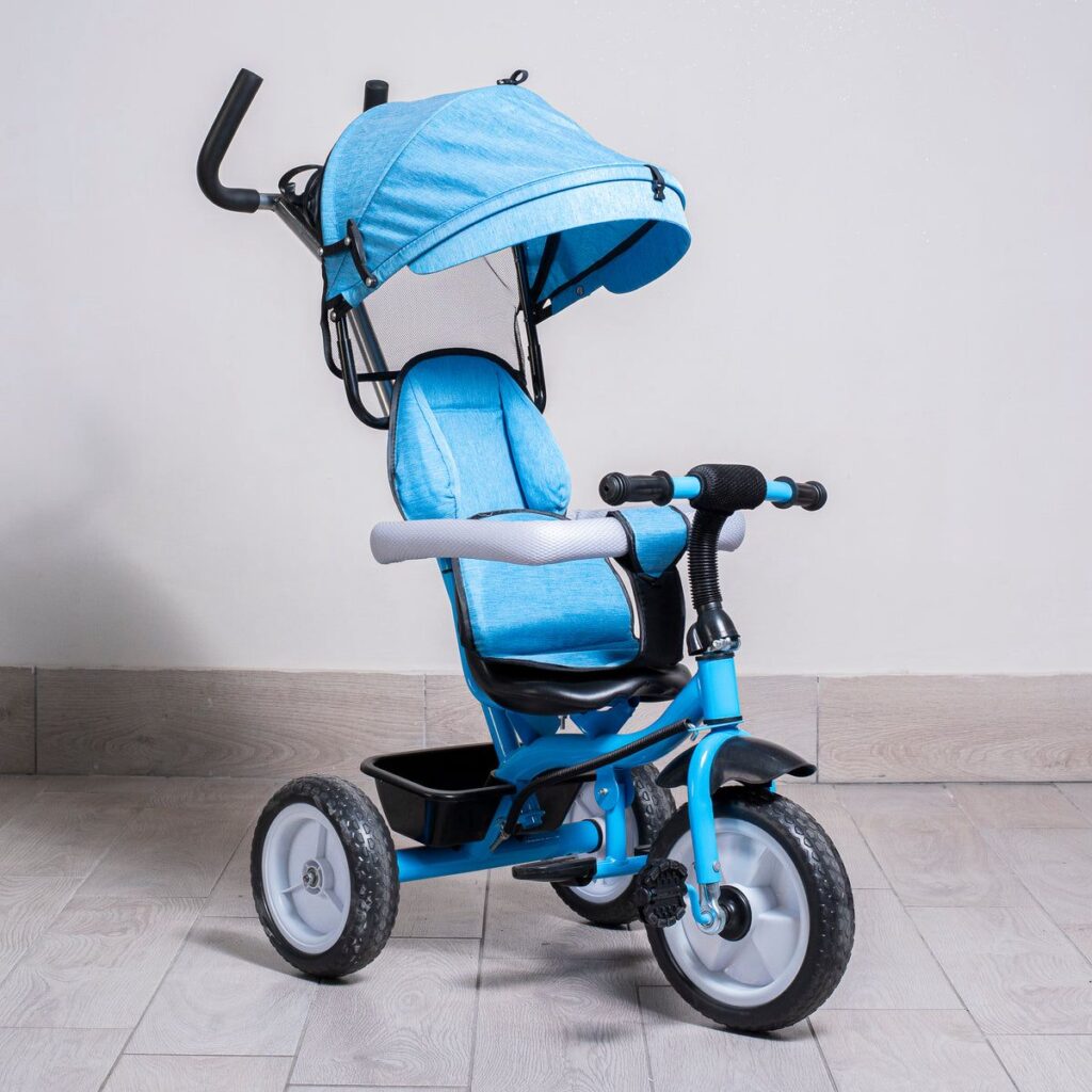 triciclo per bambini blu con sedile reversibile, tettuccio e porta oggetti posteriore