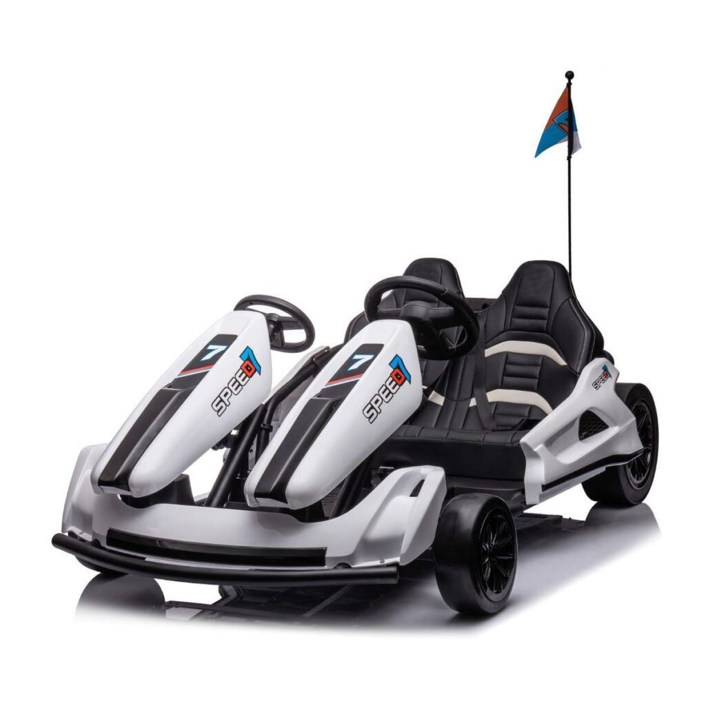 go kart elettrico 24V per bambini doppio posto bianco con sedili in pelle e luci LED per drifting