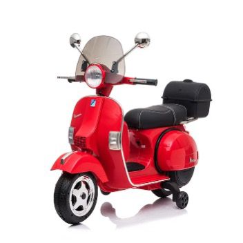 vespa elettrica 6V per bambini rossa con bauletto e ruote di supporto