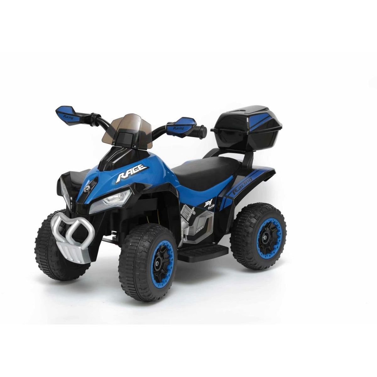 mini quad elettrico 6V per bambini blu con luci LED e bauletto posteriore
